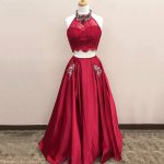Two Piece Jewel Dark Red Satin Prom Dress with Pockets Beading