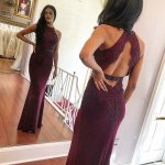 Mermaid Jewel Open Back Burgundy Prom Dress with Appliques