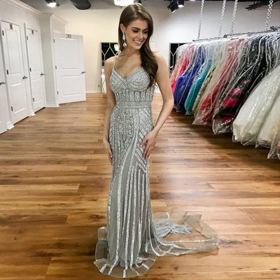 Mermaid Sweetheart Sweep Train Grey Prom Dress with Sequins