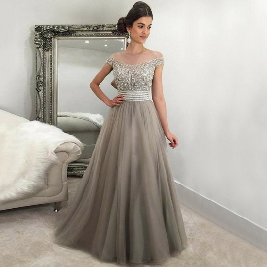 A-Line Off-the-Shoulder Floor-Length Light Grey Tulle Prom Dress with Beading - Click Image to Close