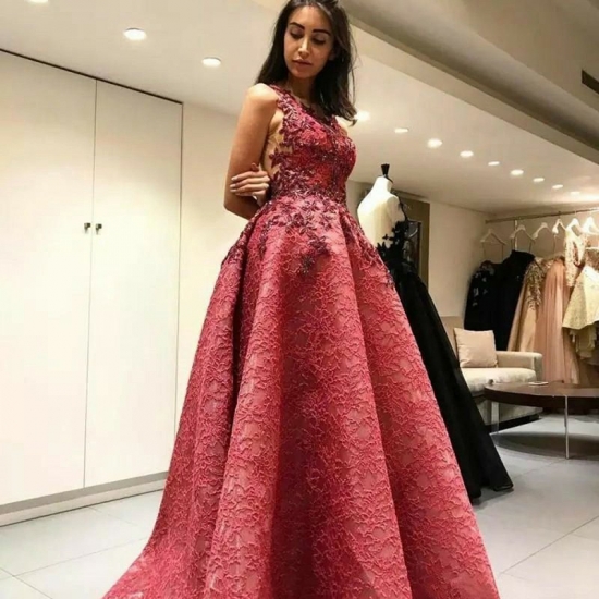 A-Line Round Neck Backless Sweep Train Red Lace Prom Dress with Appliques - Click Image to Close