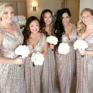 Sheath V-Neck Floor-Length Champagne Sequined Bridesmaid Dress