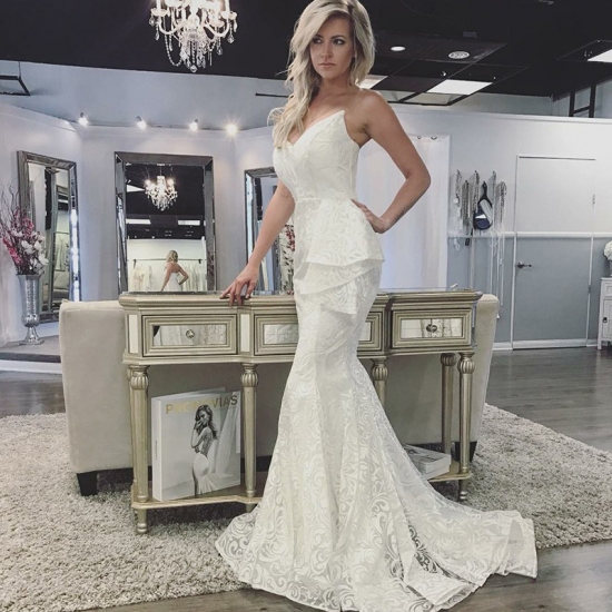 Mermaid Sweetheart Sweep Train Lace Wedding Dress with Ruffles - Click Image to Close
