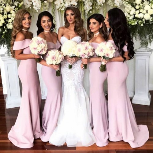 Mermaid Off-the-Shoulder Sweep Train Pink Bridesmaid Dress