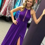 A-Line Jewel Sweep Train Purple Chiffon Prom Dress with Split