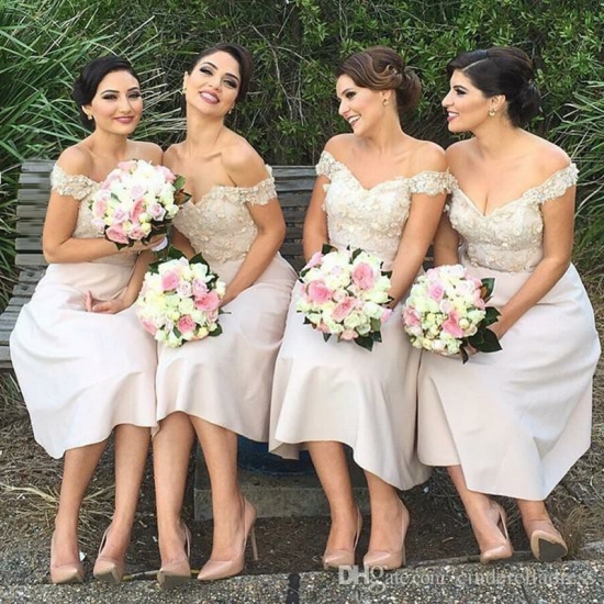 A-Line Off-the-Shoulder Knee-Length Ivory Bridesmaid Dress with Appliques - Click Image to Close