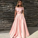 A-Line Off-the-Shoulder Sweep Train Pink Satin Prom Dress