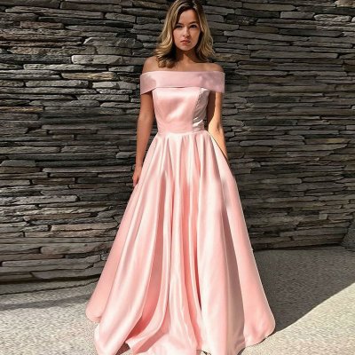 A-Line Off-the-Shoulder Sweep Train Pink Satin Prom Dress