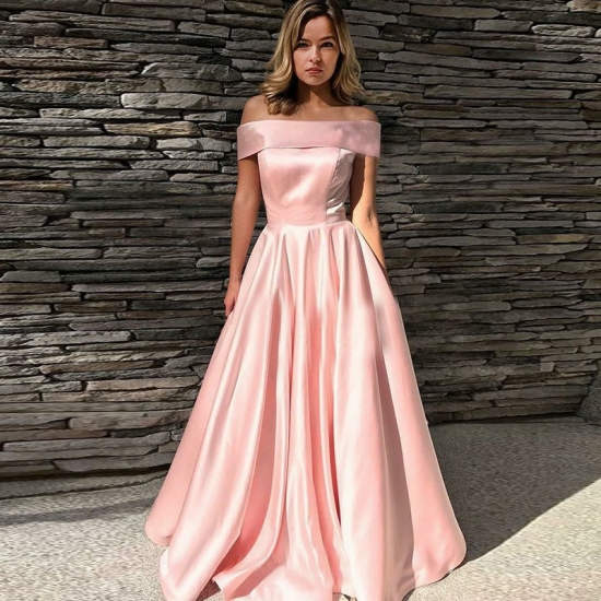 A-Line Off-the-Shoulder Sweep Train Pink Satin Prom Dress - Click Image to Close