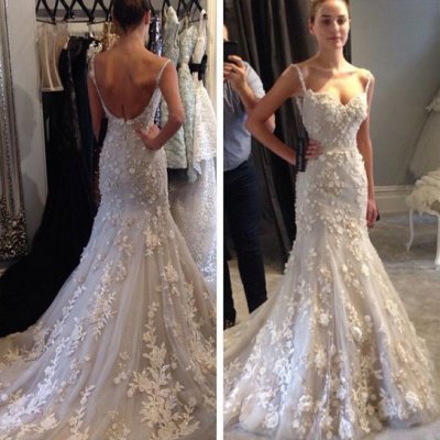 Charming Spaghetti Straps Mermaid Wedding Dress Bridal Gown with Aqppliques