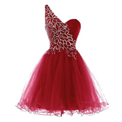 High Quality One Shoulder Dark Red Homecoming Dresses with Beaded