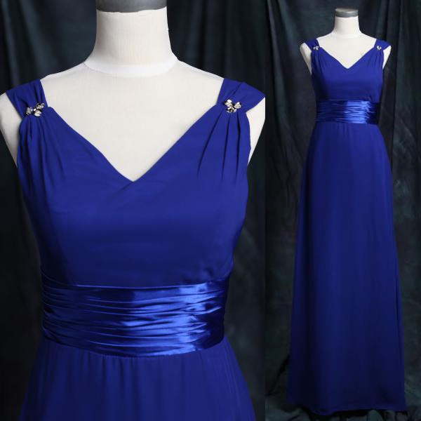 Elegant Bridesmaid Dress - Royal Blue Empire Straps with Rhinestone