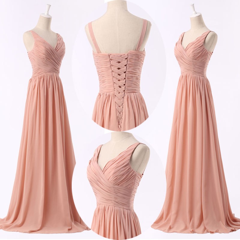 Chic V-Neck Long Pear Pink Chiffon Ruffles Sleeveless Bridesmaid Dress