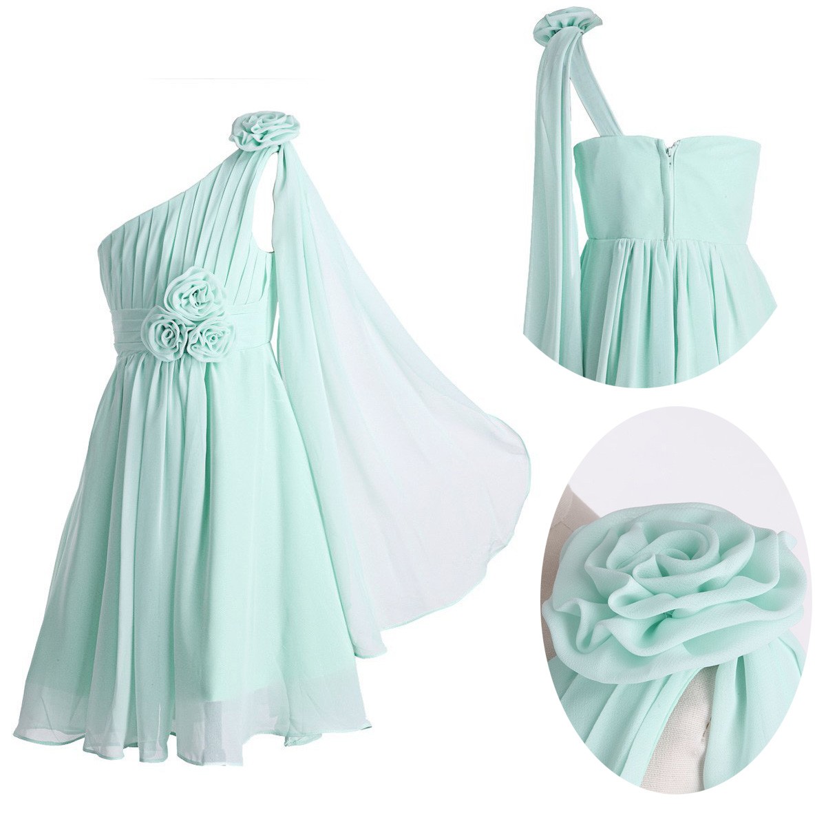 New One Shoulder Watteau Short/Mini Chiffon Mint Green Junior Bridesmaid Dress with Handmade Flowers