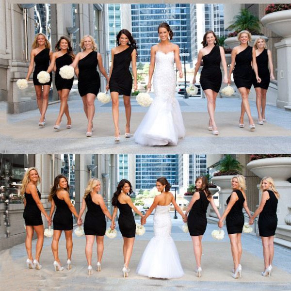 Fashion Sheath One Shoulder Chiffon Short/Mini Black Bridesmaid Dress Wedding Party Dress