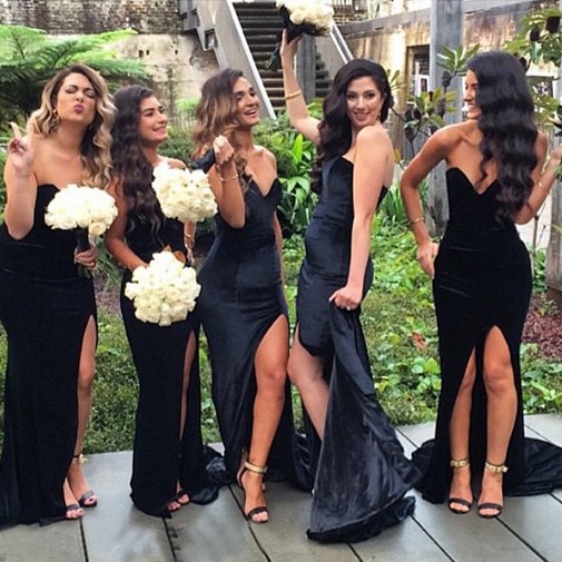 Fashion V-neck Long Mermaid Black Bridesmaid Dress With Split Side - Click Image to Close