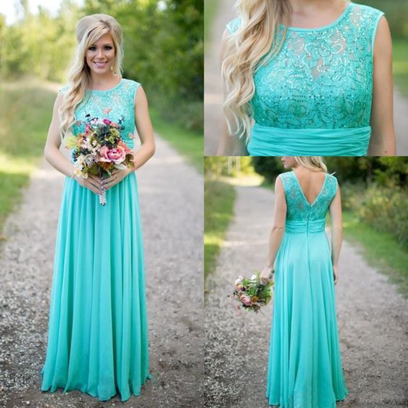 Classic Floor Length Mint Green Bridesmaid Dress with Lace Sequins