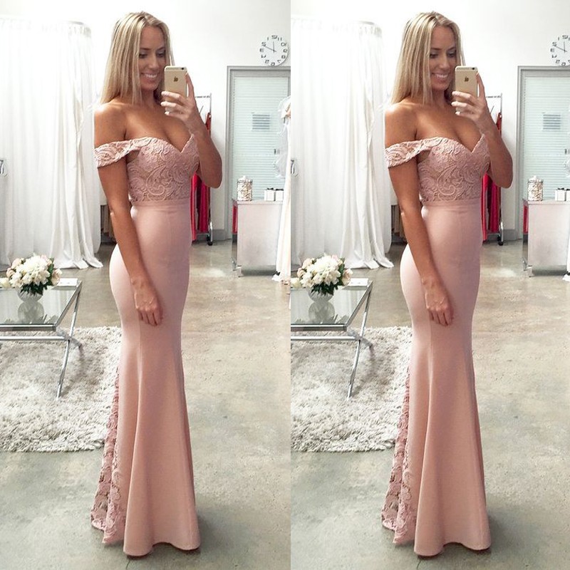 Blush Bridesmaid Prom Dress with Lace Top Off Shoulder Floor-Length
