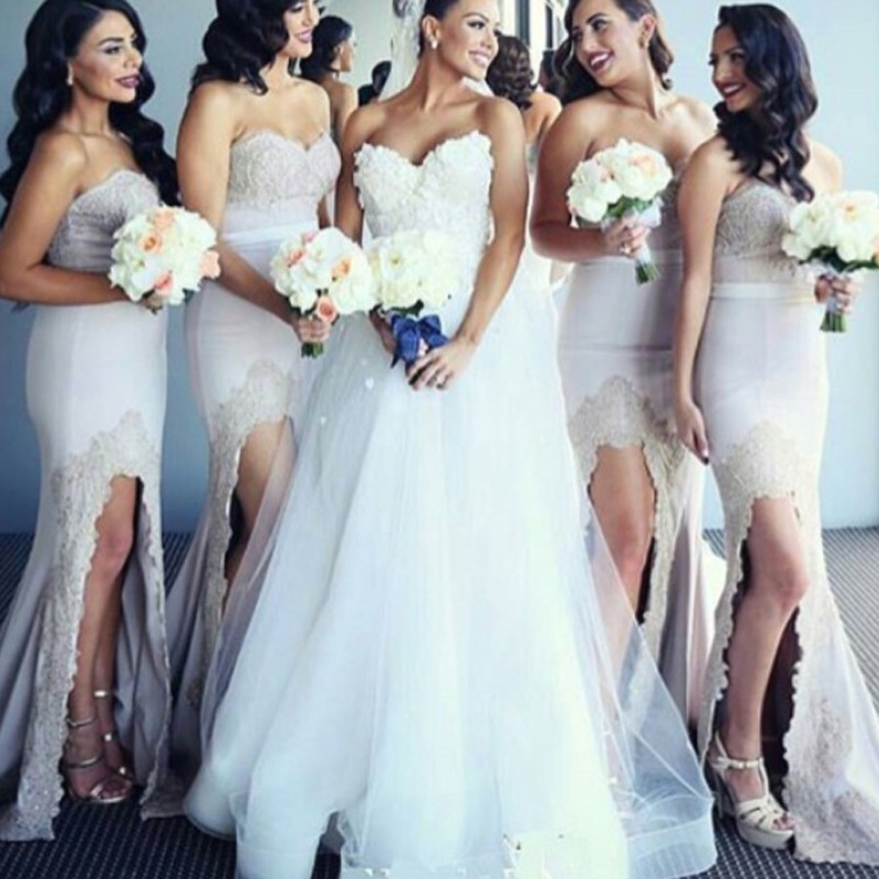 Glamorous Sweetheart Asymmetry Bridesmaid Dress with Sash Lace Top