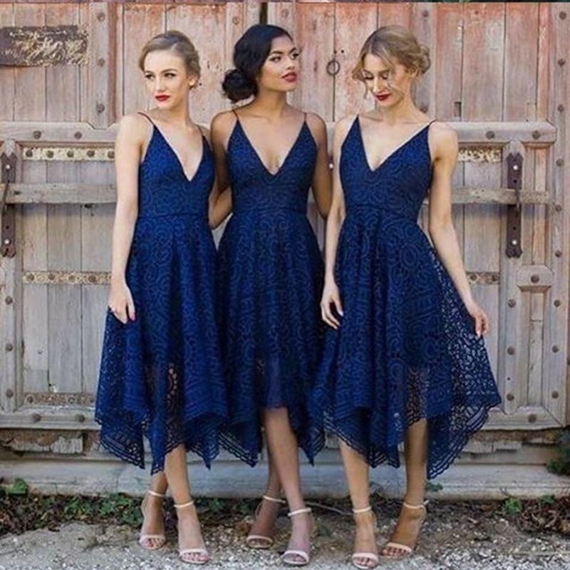 A-Line Spaghetti Straps Navy Blue Lace Asymmetrical Prom Bridesmaid Dress