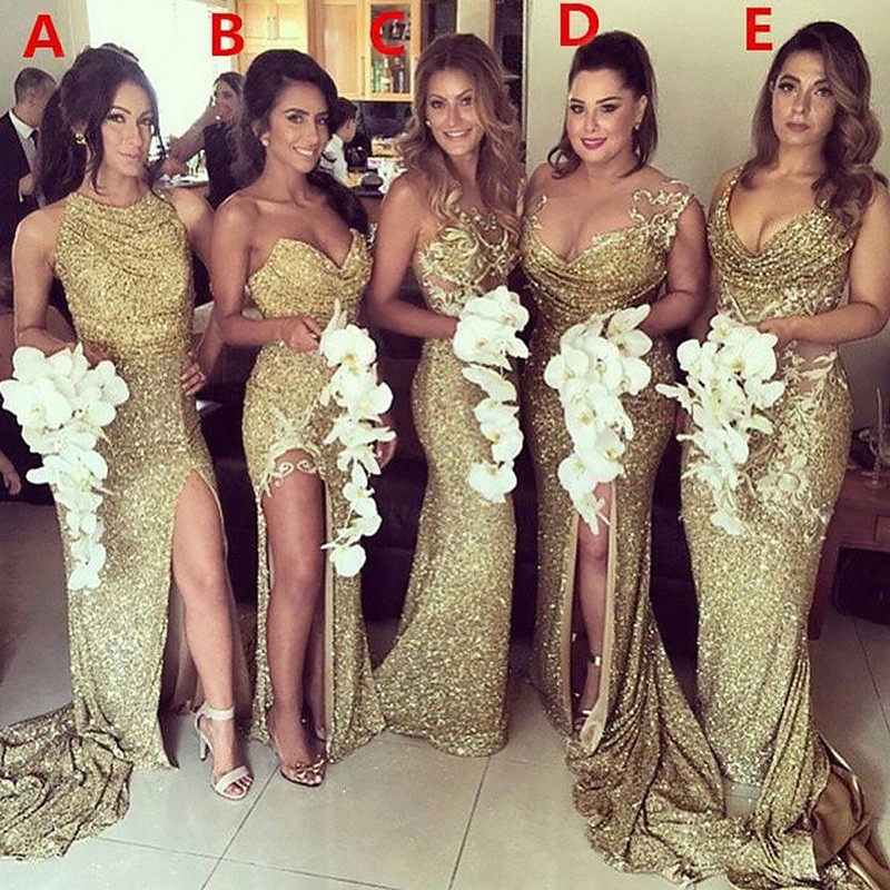 Sheath Jewel Illusion Back Gold Sequined Bridesmaid Dress with Split Appliques
