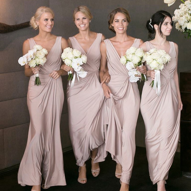 Sheath Deep V-Neck Floor-Length Blush Elastic Satin Bridesmaid Dress