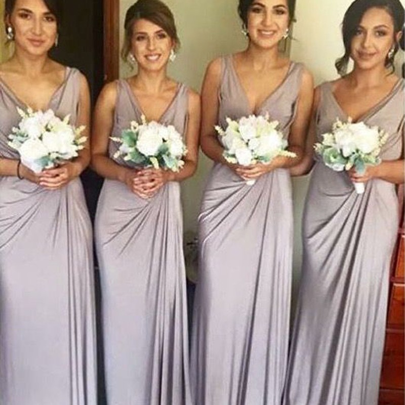 Sheath V-Neck Floor-Length Lavender Spandex Bridesmaid Dress