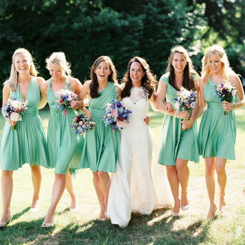 A-Line V-Neck Short Green Elastic Satin Convertible Style Bridesmaid Dress