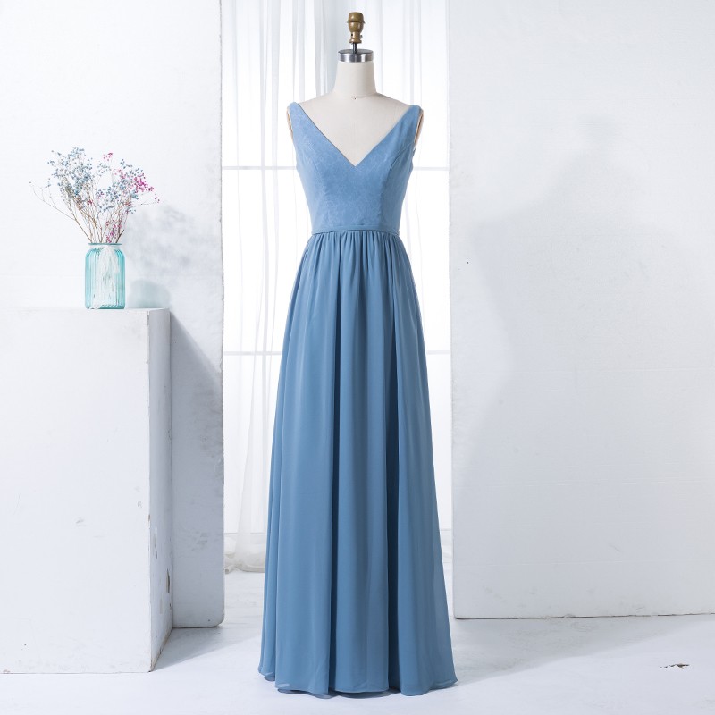 A-Line V-Neck Floor-Length Dark Blue Chiffon Bridesmaid Dress