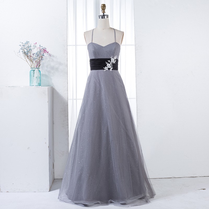 A-Line Spaghetti Straps Grey Tulle Long Bridesmaid Dress with Appliques