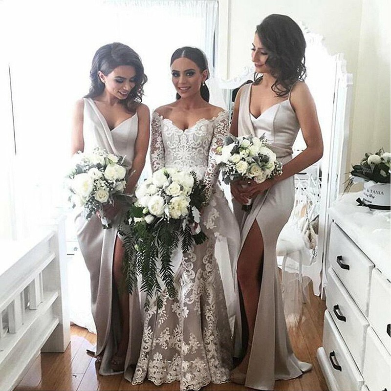 Sheath V-Neck Floor-Length Silver Satin Bridesmaid Dress with Split