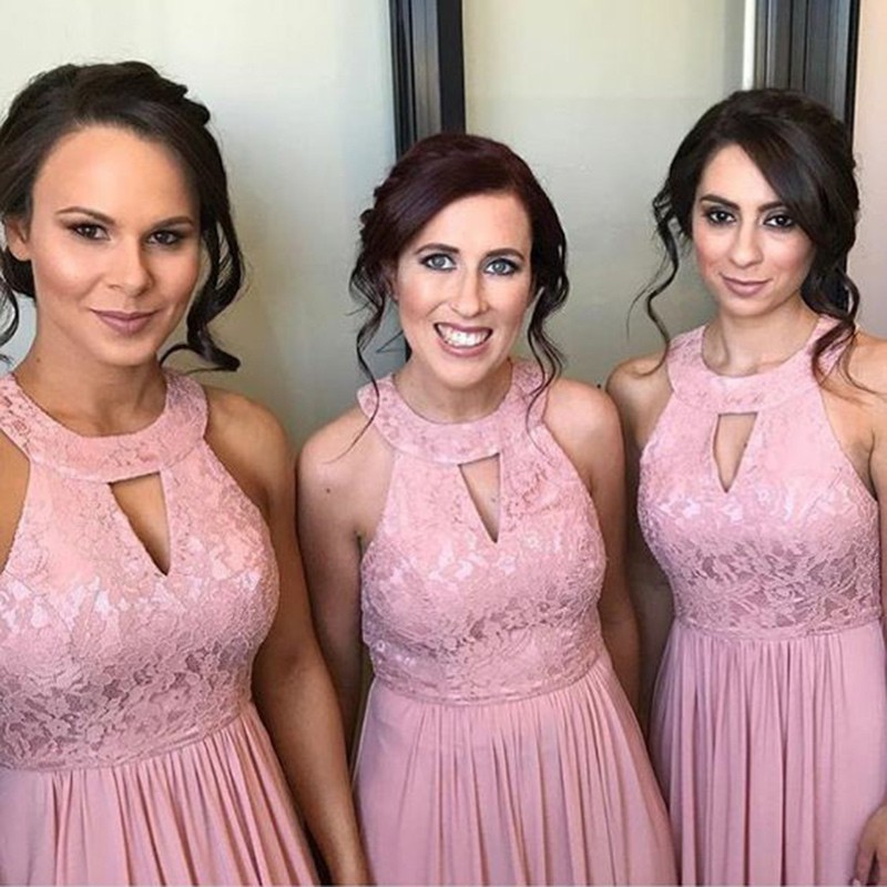 A-Line Round Neck Floor-Length Pink Bridesmaid Dress with Lace Keyhole