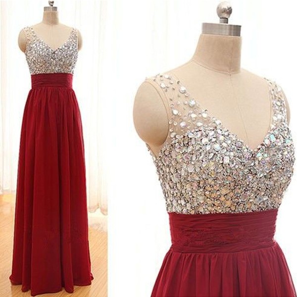 Elegant A-Line V-neck Floor Length Chiffon Backless Red Evening/Prom Dress with Rhinestone