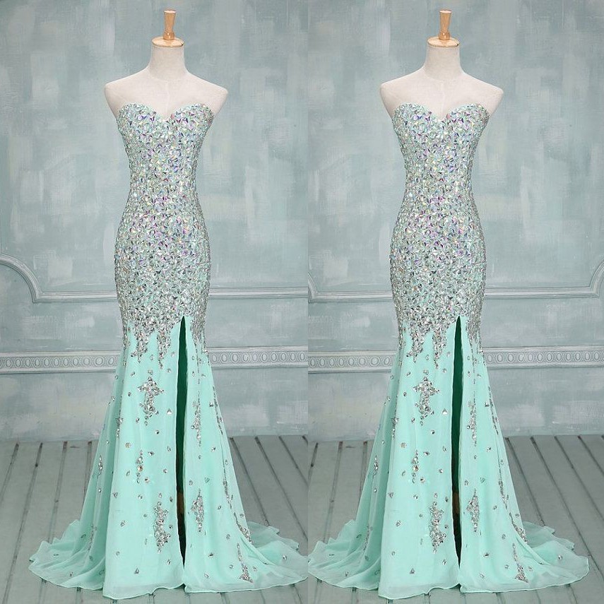 Luxurious Sheath Sweetheart Floor Length Chiffon Mint Green Evening/Prom Dress With Sequins
