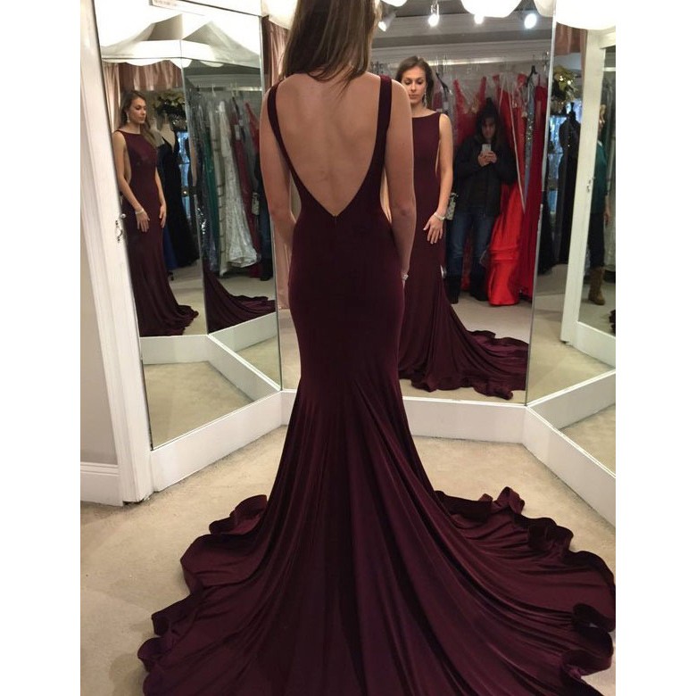 Mermaid Sexy Backless Long Burgundy Prom Dress for Women