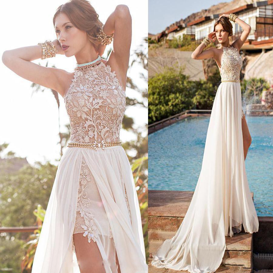 Glamorous A-Line Sweep Train Chiffon Lace High Neck White Evening/Prom Dress With Beaded