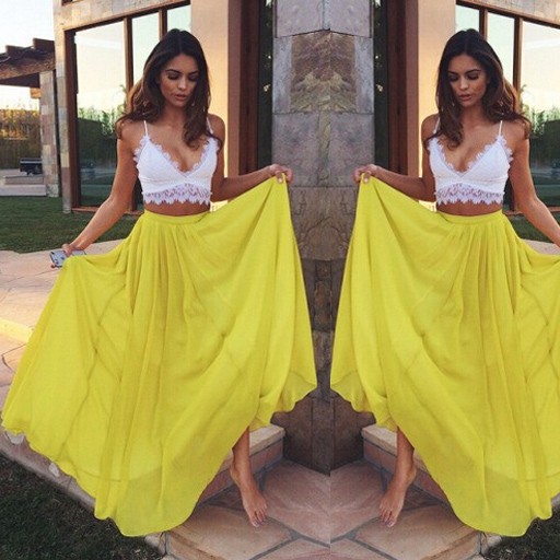 Sexy A-Line V-neck Long Chiffon Yellow Evening/Prom Dress With Lace