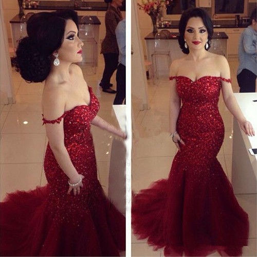 Elegant Off-Shoulder Tulle Mermaid Red Prom/Evening Dress with Sequins