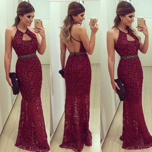 Sexy Halter Sheath Lace Backless Long Dark Red Prom/Evening Dress
