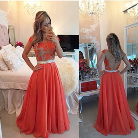 Floor Length Chiffon Lace Prom/Evening Dress - Orange A-Line Scoop - Click Image to Close