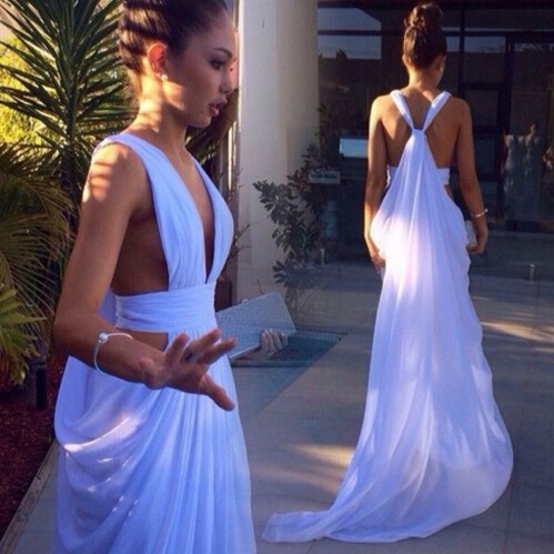 Sexy Long Prom/Evening Dress - White Cut Low Gown for Women