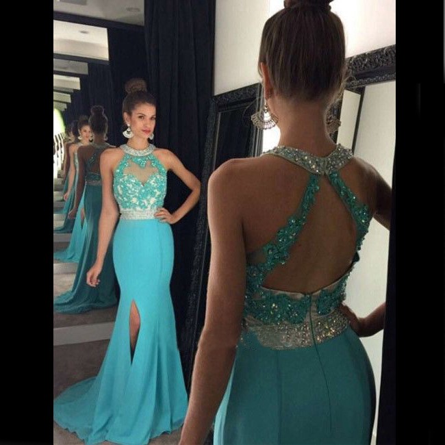 High Quality Mermaid Prom/Evening Dress - Blue Halter with Beaded