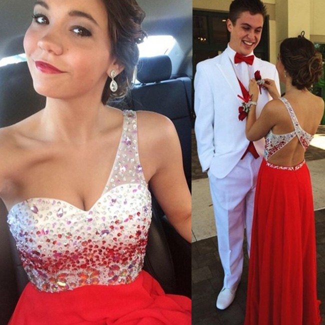 Elegant Long Prom/Evening Dress - Red One Shoulder with Beaded