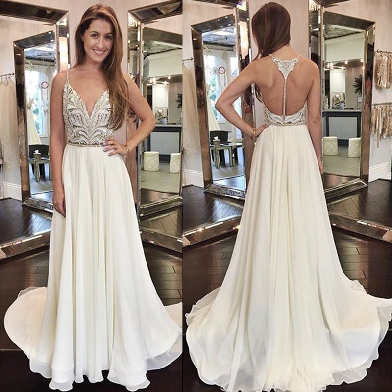Two Piece Spaghetti Straps White Chiffon Prom Dress with Lace Beading