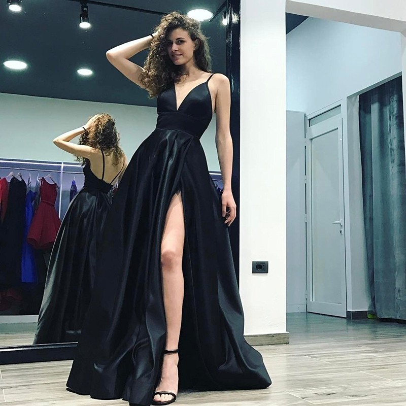 A-Line V-Neck Floor-Length Black Satin Prom Dress with Split