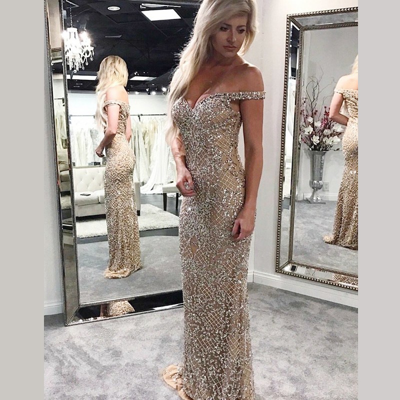 Mermaid Off-the-Shoulder Champagne Long Prom Dress with Beading
