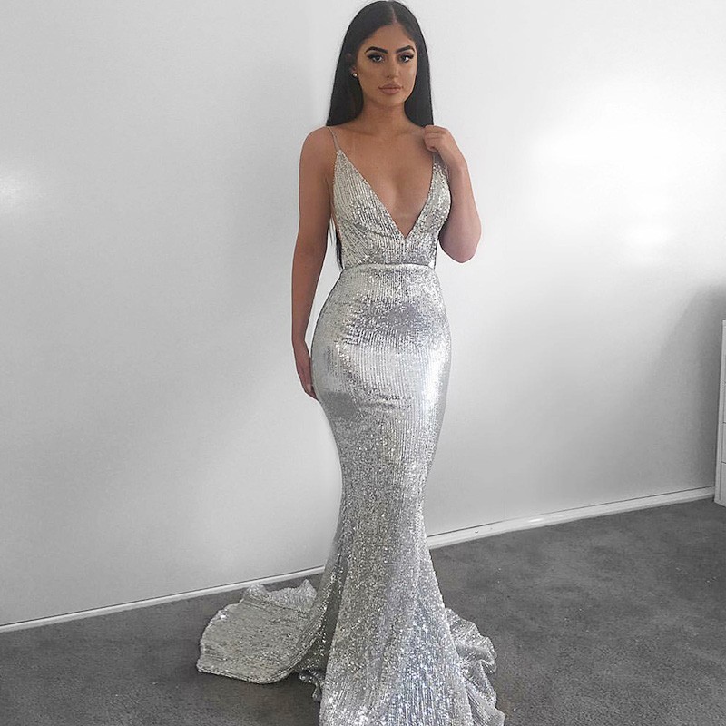 Mermaid Spaghetti Straps Backless Sweep Train Silver Sequined Prom Dress