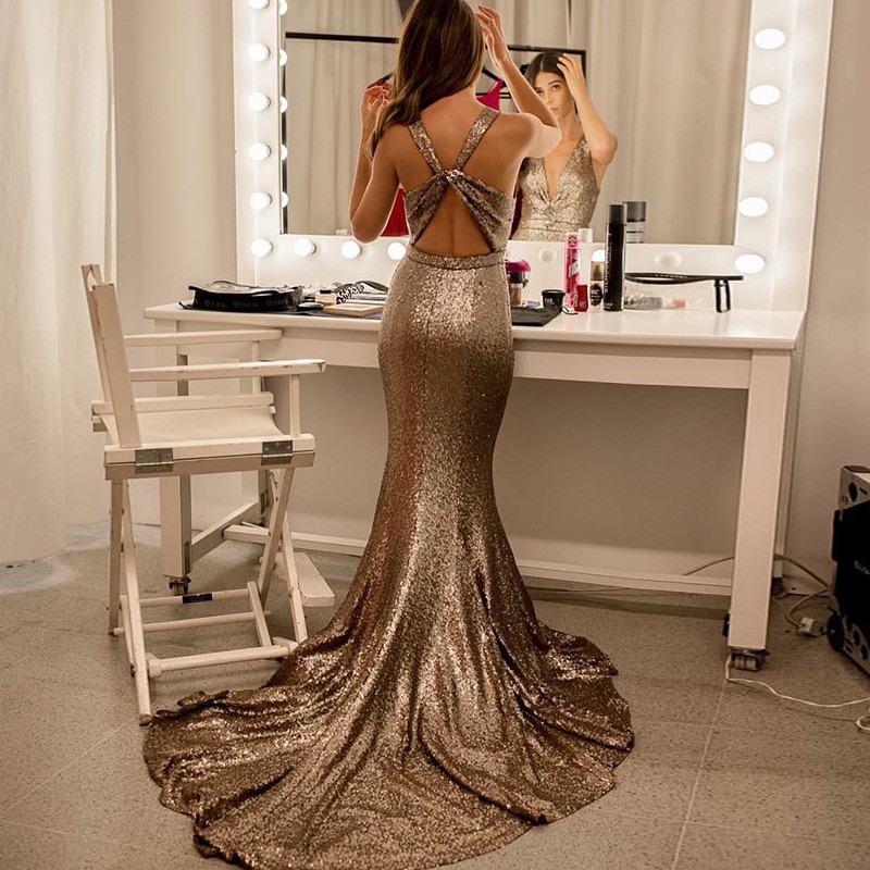 Mermaid V-Neck Open Back Sweep Train Champagne Sequined Prom Dress