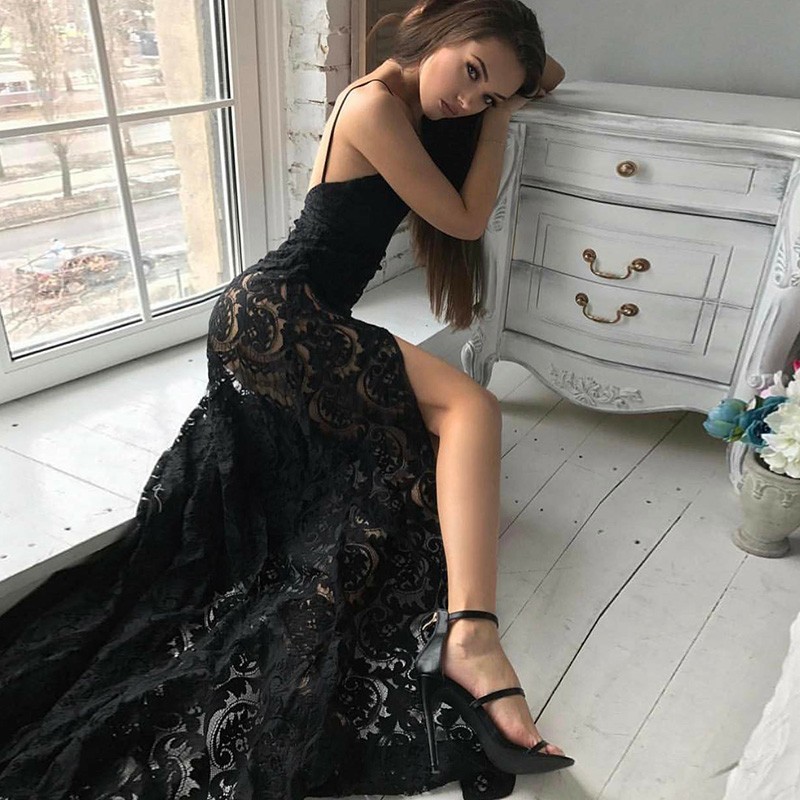 Mermaid Spaghetti Straps Backless Long Black Lace Prom Dress