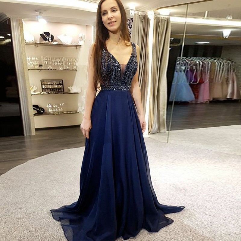 A-Line V-Neck Backless Dark Blue Chiffon Prom Dress with Beading